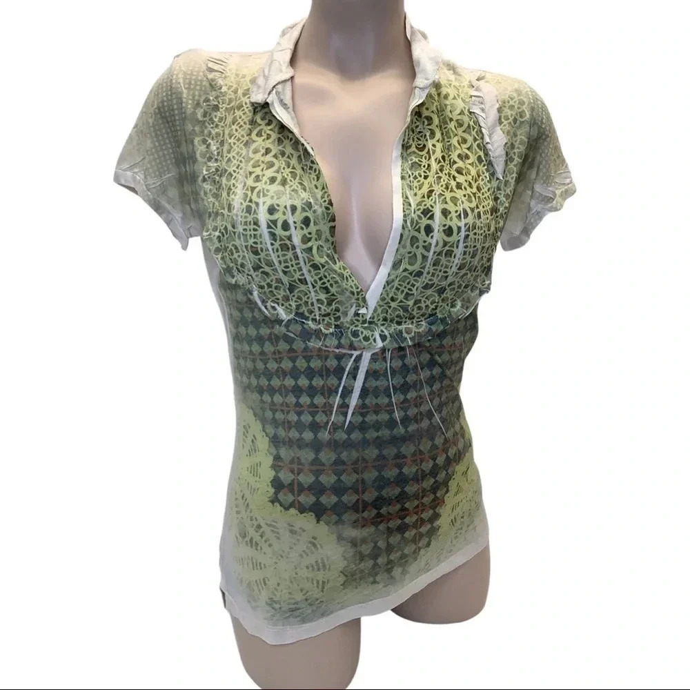 Alchemic Size Small Sublimation Green & White Ruffle Trim Top. New No Tag.